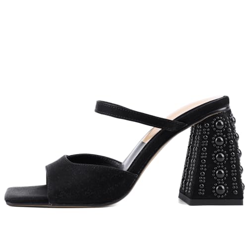 Women Chunky Heel Sandals Pearl Squared Toe Slip On Block Mid Heels Sandals For Wedding Dress Bride-2