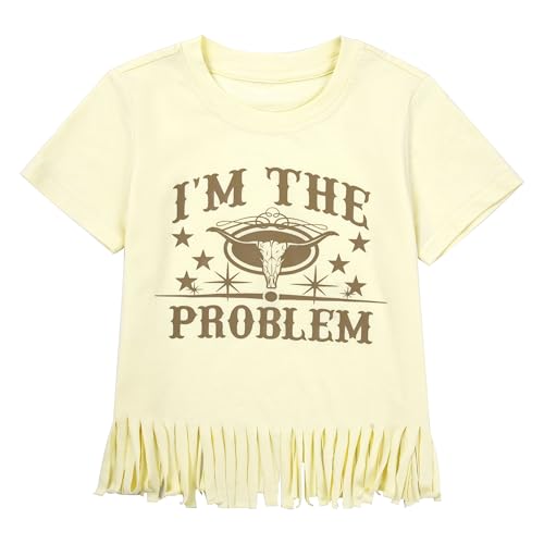 Image of Girls Western Shirt Toddler Tassels Cowgirl T-Shirt Im The Problem Country Concert Shirts Summer Short Sleeve Top