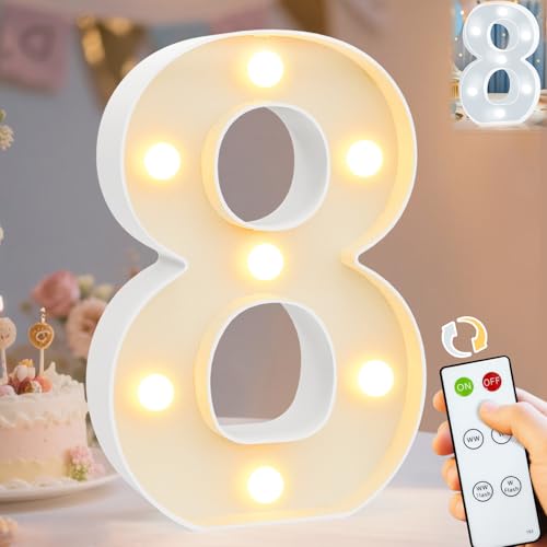 Image of Pooqla LED Light Up Numbers, Marquee Number with Remote for 8th Birthday Decoration, Lighted Numbers Gift for Boys Girls Party Backdrop Wedding Anniversary Decor, Warm White and Cool White Number 8