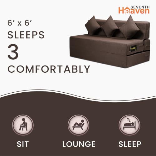 Image of Seventh Heaven Rejioce 4 Seater 6 * 6 Jute Fabric Washable Cover Sofa Cum Bed with 3 Cushions 4 Seater Double Foam Fold Out Sofa Cum Bed (Finish Color - Brown Delivery Condition - Pre-Assembled)