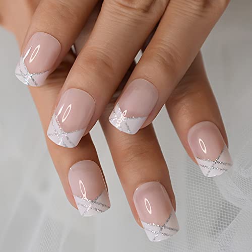 Nude Natural French Nail Fake Nails Short Length Designed False Nails Press On White Silver Glitter Tips #TOP4