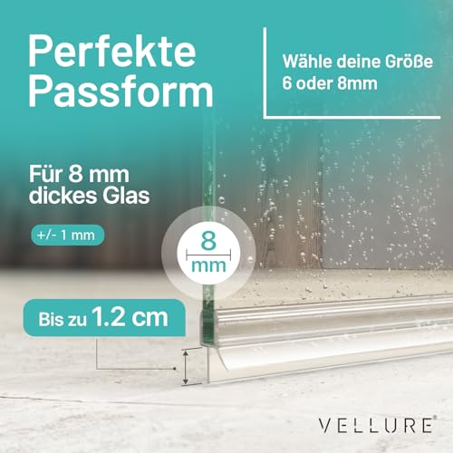 Vellure® Duschdichtung - NEU Premium Dichtung Dusche Glastür - Langlebige Duschtürdichtung unten, Gummilippe für Duschtüren, aus Polyvinylchlorid (1x für Glasstärke 8mm - Universallänge bis 100cm)