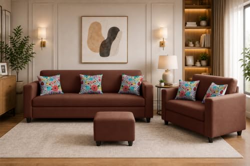 Image of Rosebell 3+2 Fabric Sofa Set with Ottoman | Premium Upholstery 5-Seater Sofa | with Printed Cushions | Living Room Furniture |Brown-Color