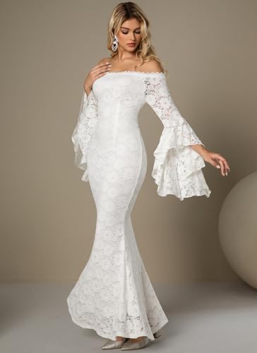 Image of HOYISHION Women's Off The Shoulder Floral Lace Maxi Dress White Bridesmaid Wedding Party Maternity Photoshoot Long Dresses