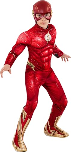 Rubies Disfarce The Flash Deluxe para crianças, Jumpsuit com peito musculoso, capas de botas e máscara, oficial DC Comics, The Flash para carnaval, Halloween, festas e aniversários, S
