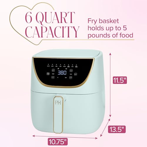 Image of Paris Hilton Air Fryer, Large 6-Quart Capacity, Nonstick Made without PFAS, Touchscreen Display, 8-in-1 (Air Fry, Roast, Broil, Bake, Reheat, Keep Warm, Pizza, Dehydrate), Dishwasher Safe, Aqua