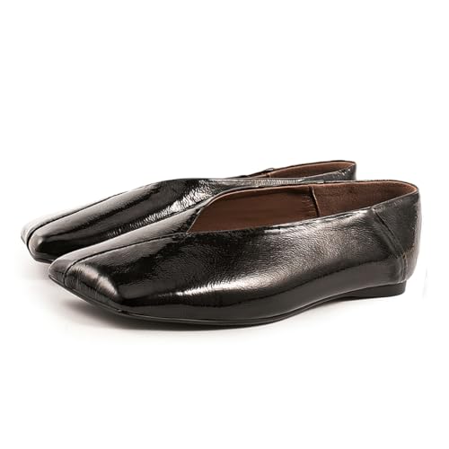 Fandimeier Women's Leather Soft Flat Ballet Shoes for Lady Silver Elegant Squared Toe Single Shoe