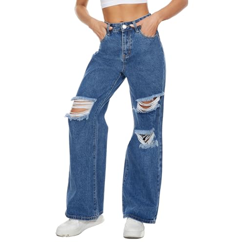 VIPONES Womens Wide Leg Jeans High Waist Baggy Denim Pants Distressed Loose Ripped Boyfriends Jeans Y2K2
