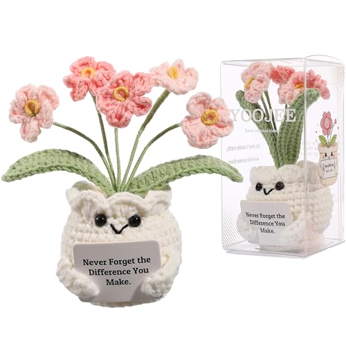 YOOJEE Crochet Forget Me Not Flower Gift Thank You Gift for Women with Card Never Forget the Difference You Make Appreciation Gift for Teacher Coworker Nurse Friend Cute Desk Decor