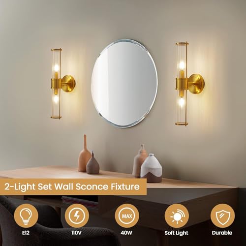Image of Brushed Gold Wall Sconces Set of 2, Modern Bathroom Vanity Light Fixture with Clear Glass Shades, Hardwired Brass Wall Mounted Lamp for Over Mirror, Hallway, Bedroom (E12 Bulbs Not Included)