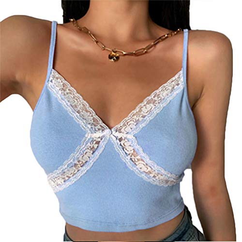 AOWEER Women Sexy Crop Top Short Summer Casual V Neck Sleeveless Lace Patchwork Knit Streetwear Tops # Blue S
