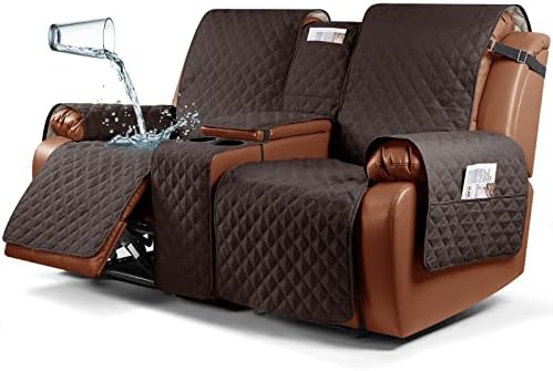 Ruaozz Waterproof Recliner Loveseat Cover with Console, Non-Slip Couch Cover Pet Cover for Double Recliner Split Sofa Cover with Elastic Straps for Kids, Dogs, Pets (Chocolate, 2 Seater)
