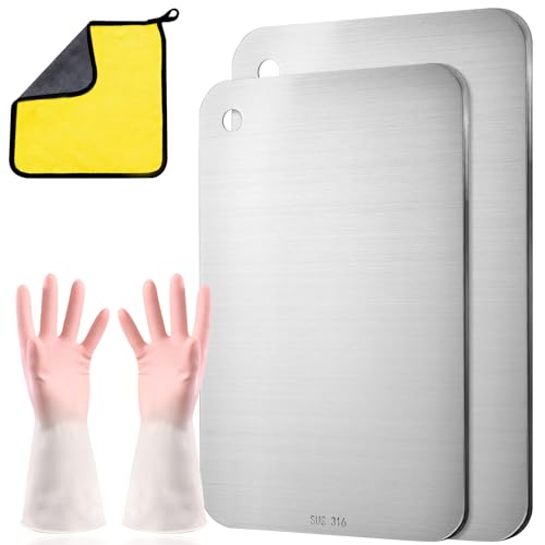 Set de Planches à Découper en Titane & Acier Inoxydable 316 – Planche Inox Cuisine Antibactérienne, Planche à Découper Titane Double Face, Sans BPA, Idéal Viande, Fruits, Légumes, Pain (29 x 20 cm)