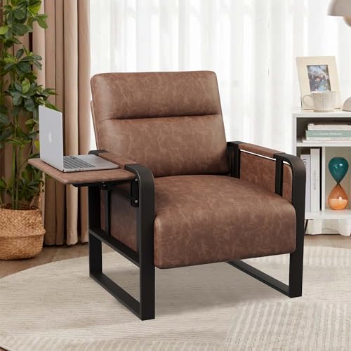 Apeaka Modern Accent Chair with Tray Table PU Leather Upholstered Armchair for Bedroom Leisure Living Room Chairs Office Chair Dark Brown