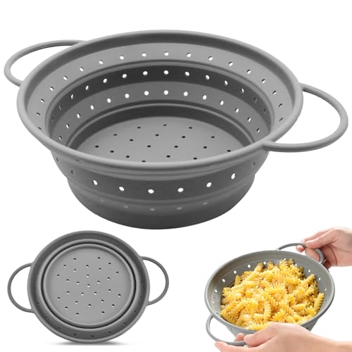 Passoire de cuisine pliable en silicone avec poignées pour égoutter les pâtes, les légumes, les fruits et les haricots, taille M, gris