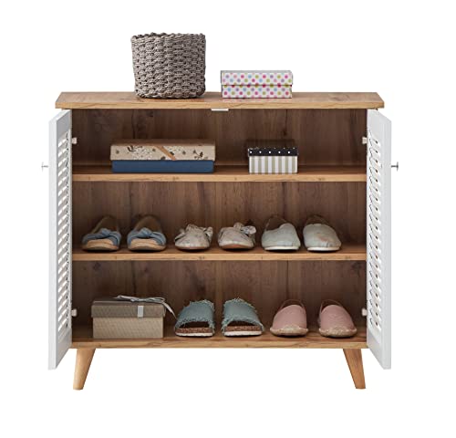 Image of DeckUp Plank Noordin 2-Door Engineered Wood Shoe Rack (Wotan Oak and White, Matte Finish)