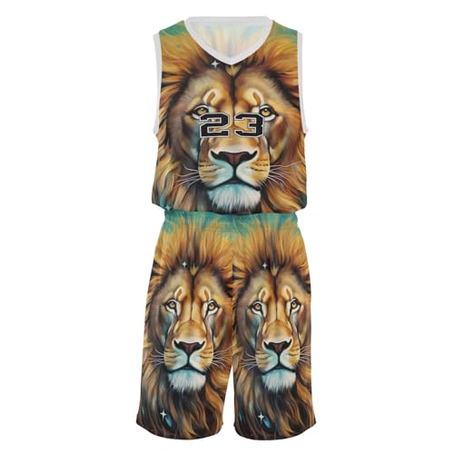 FLildon Lion Head on Starry Boys Basketball Jersey Set Tank Top Shorts Tracksuit Sport Training Suit for Kids, XL
