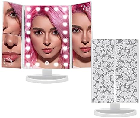 Impressions Vanity Hello Kitty Trifold LED Mirror, Desk Mirror with Lights and Touch Sensor Dimmer, Lighted Makeup Mirror with Adjustable 2X and 3X Magnifying Mirror (White)