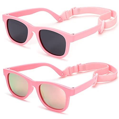 NULOOQ Flexible Polarized Baby Sunglasses with Strap Adjustable for Toddler & Newborn Infant 0-18 Months (Pink/Pink Mirrored + Matte Pink/Gray) - 2 Pack
