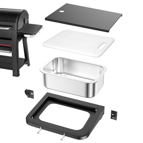 Utheer Grill Side Table Shelf for Weber Searwood 600/600XL – Foldable BBQ Prep Station with Works Cutting Board, Stainless Steel Basin, Lid & Hooks, Side Table for Weber Searwood 600 Accessories
