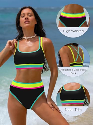 Image of popvil Women's High Waisted Bikini Sets 2026 Neon 2 Piece Swimsuit