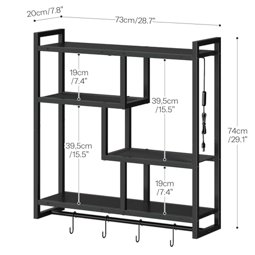 Image of HOOBRO Gaming Floating Shelves with LED Lights, 28.7 inch LED Wall Mounted Shelf, 4-Tier Floating Wall Shelf for Storage, Display Rack with Hanging Bar and 4 S Hooks, for Gaming Room, Black BB37DBJ01