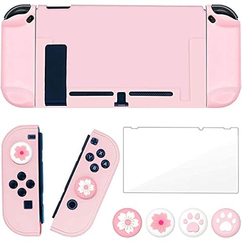 OLDZHU Rosa Dockable Schutzhülle Kompatibel mit Nintendo Switch Joy-Con Controllern,mit Glas-Displayschutz,4 Daumengriffkappen,Stoßdämpfung und Kratzfes,rosa zubehör für Nintendo Switch Cover