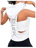SweatyRocks Women's Sleeveless Low Cut Racerback Hoodies Workout Tops Cropped Hooded Tanks with Pocket White...