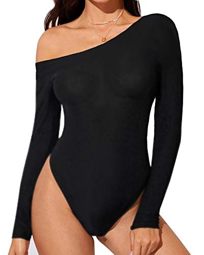 BelleLovin AESLOVIN Women's Sexy One Shoulder Long Sleeve Tops T Shirt Bodysuit Jumpsuit (Black, X-Large)