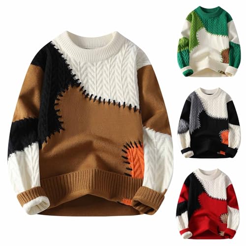Cambkatl Men's Cable Knitted Pullover Sweaters, Basic Color Block Winter Crewneck Loose Long Sleeve Casual Sweater Tops2