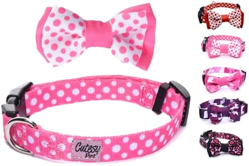 Cutesy Pet | Designer Dog Collar with Adjustable Bow | Comfortable and Strong | Durable and Cute and Made for Adventure | 5 Designs in 4 Sizes | Small, Medium, and Large Dogs | Pink Polka Dots | Small