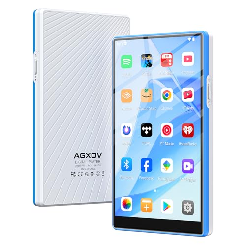 AGXOV 96GB Lettore MP3 con Wi-Fi & Bluetooth, 5 pollici touchscreen MP4 Player, Lettore Musicale Android con Spotify, Amazon Music, Deezer, Radio FM, Registratore Vocale, E-book Reader, Blu & Bianco