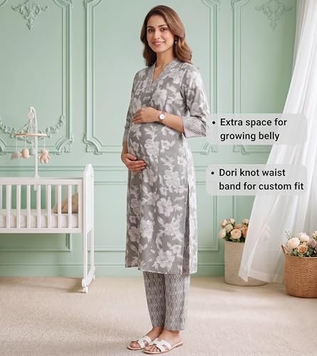 Image of DUMMY SHAPE Feeding Kurtis for Women Cotton Blend | Floral Kurta Pant Dupatta Set with Nursing Zippers to Pre & Post Partum | Maternity Dresses | Mom to Be Gifts for Pregnant Woman