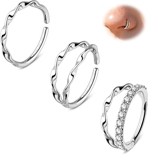 20G 3PCS Twist Nose Rings Hoop, Stainless Steel 316L Double Nose Studs Set, 8 mm Seamless Open Earrings, Silver Helix Cartilage Conch Lobe Daith Piercing Jewelry for Women-image-21