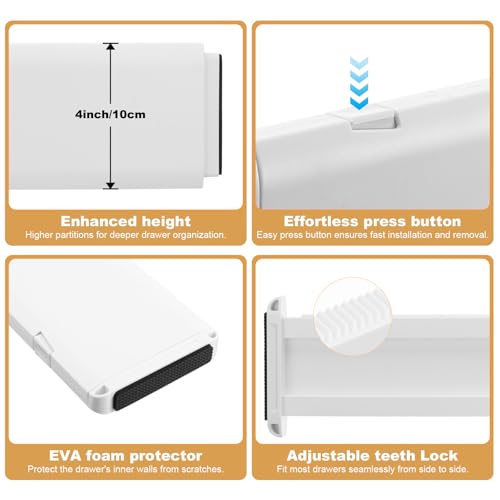 5 Pack Drawer Dividers, 4 Inch High Adjustable Dresser Drawer Organizers, Expandable from 14.8-22 inch Separators for Clothes, Kitchen, Office, Bathroom Organization, White - Image 4