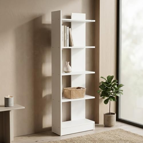 Image of Nilkamal Neil Wooden Book Case| Book Shelf with 5 Open Shelves | Engineered Wood| Multipurpose Storage Organizer | for Living Room, Office, Library | White | DIY(Do It Yourself)