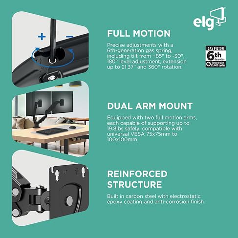 Image of ELG F160N Full 360 Swivel Dual Monitor Stand for Desk,Gas Spring Monitor Arms for 2 Screens 17 inchto 35''(9Kg Load for Each) Adjustable Double Monitors Mount,VESA Mount with C-Clamp &Grommet Base,Black