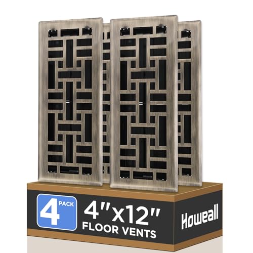 Howeall 4x12 Inches 4 Pack Heavy Duty Walkable Floor Register - Easy Adjust Air Supply Lever Decorative Floor Vent Covers, Seattle Design Vent Covers for Home - Antique Brass by Howeall - Used condition - US$63.56