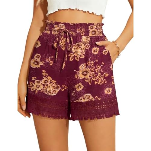 AKEWEI Womens Elastic High Waist Cotton Shorts Casual Ladies Drawstring Lace Summer Beach Shorts