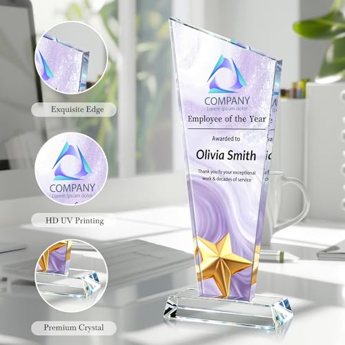Image of Custom Crystal Trophy Award Personalized Plaque Award with Text Logo Photo Awards Trophies for Employee Recognition Team Graduation Personalized Office Gifts for Boss Coworker Teacher