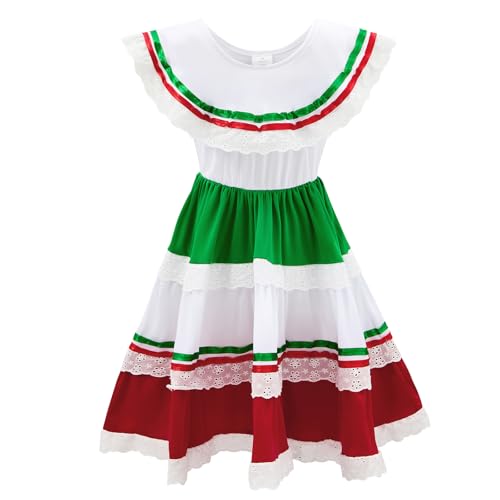 Traditional Mexican Dress for Girls - Cinco de Mayo Outfit, Elasticized Long Dress with Lace Design