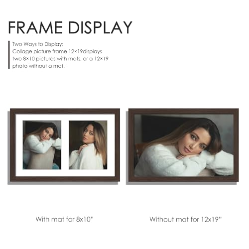 Image of DUENPY 12x19 Double Picture Frame 8x10 Displays Two 8x10 inch Photos Collage Available Horizontal Wall Mounting Display and Vertical Walnut