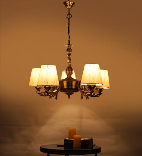Image of Devansh 05-Light Conical Off-White Cotton Shade Chandelier - Antique Golden Finish | Adjustable Cord | Warm Glow Lamp - Ceiling Light for Living Room, Dining Area, Bedroom & Entryway Decor - D9