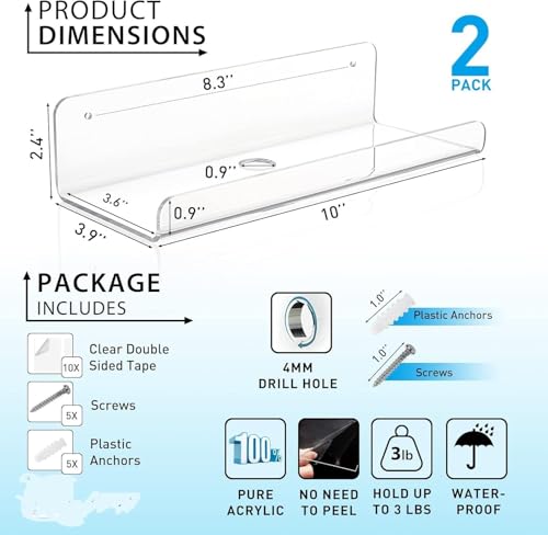 Image of Acrylic Floating Wall Shelves, 15 x 4 x 2.5 in, Clear, Set of 2, Modern Wall Mount Display Shelf (Clear, 10 in, 2)