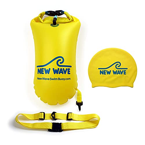New Wave Swim Buoy & New Wave Swim Cap Bundle - Swim Safety Float and Drybag for Open Water Swimmers Triathletes, Open Water Swim Buoy Float for Safer Swim (PVC 15L Drybag Yellow + Silicone Cap)
