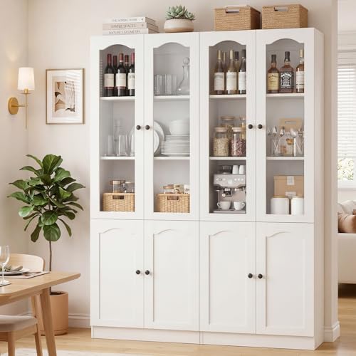 Image of Cyclysio 80 inch Tall Pantry Cabinet with 8 Doors, Natural Oak Kitchen Pantry Storage Cabinet with Built-in Baseboard Notch & Adjustable Shelves - Kitchen Storage Cabinet for Dining, Living Room, Office