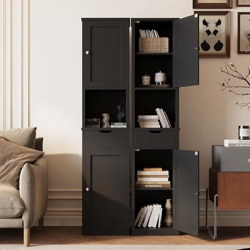 Shintenchi Tall Bathroom Storage Cabinet, Slim Corner Floor Cabinet with Doors and Drawer, Freestanding Narrow Bathroom Organizer with Adjustable Shelves for Small Space, Black