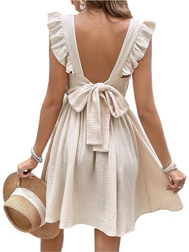 Image of CUPSHE Women's Mini Dresses V Neck Flutter Sleeve Self Tie Back Cotton A Line Short Summer Dress Beige, L