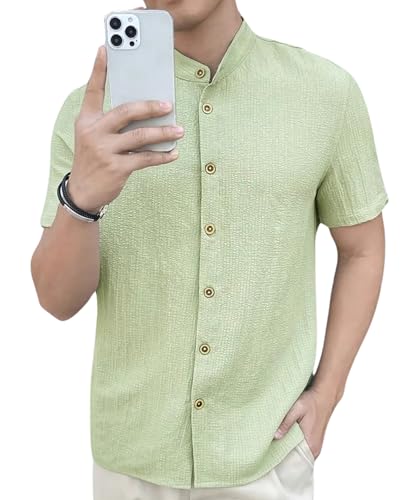 Image of Men's Solid Textured Half Sleeve Shirt with Stylish Buttons | Band Collar Casual Shirt for Summer Wear