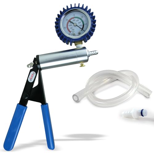 LeLuv Ultima Blue Vacuum Pump - Aluminum Alloy Silver Handle Manual Hand Vacuum (0-30 Hg, 0-760 mmHg), Gauge Installed with Protective Rubber Cover, Rubber Padded Grips with Clear Hose &amp; Fitting